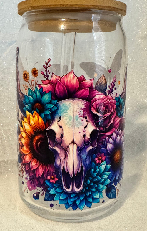 Butterfly/Cow Skull Glass Tumbler